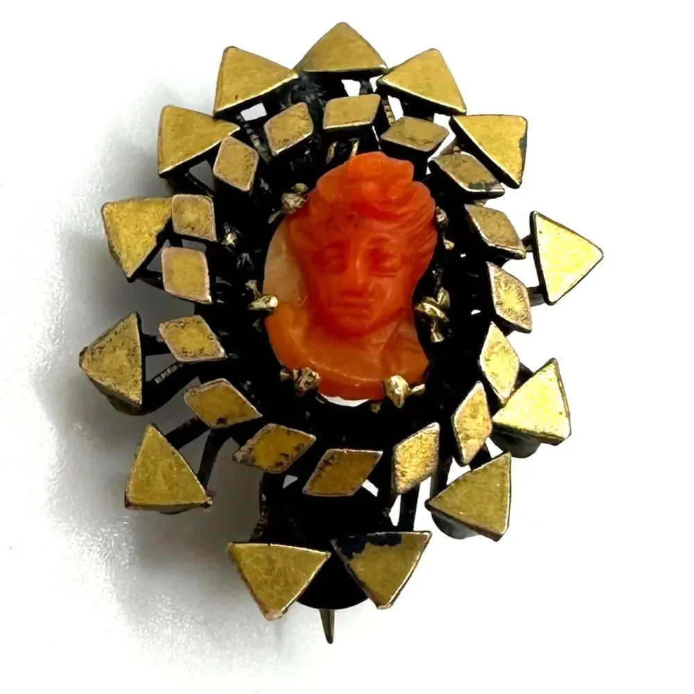 Antique Victorian 1800s gold filled carved red coral cameo dainty tiny brooch